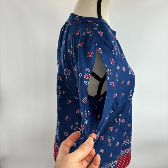 Talbots Boho Print Tunic Top Women’s Size M Blue Red Short Sleeve Split Sleeve - Picture 2 of 6